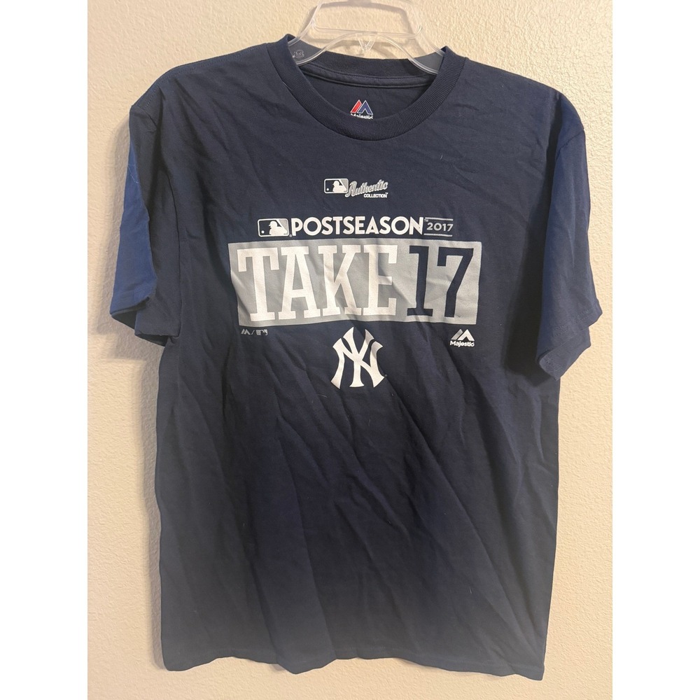 Majestic New York Yankees Shirt‎ Mens Medium Navy Blue Excellent 2017 Postseason